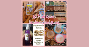 Collage de productos holísticos de AS Mau Queen: spray herbolario, sahumerios e insumos de aromaterapia