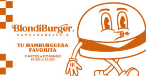 Flyer de BlondiBurger con personaje ilustrado de hamburguesa y horario de atención de martes a domingo