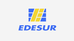 Logo de Edesur, figura geométrica amarilla y azul con el nombre en letras azules