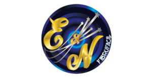 Logo circular dorado y azul de Fibrofácil E&N Sublimaciones