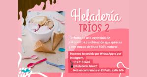 Flyer rosa de Heladería Tríos 2 con copa de helado y datos de contacto por WhatsApp e Instagram