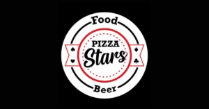 Logo circular de Pizza Stars, estilo insignia, con las palabras Food y Beer
