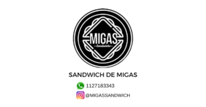 Logo circular de Sandwich de Migas con datos de contacto por WhatsApp e Instagram