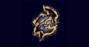 Logo abstracto dorado en forma de cinta sobre fondo azul oscuro