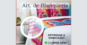 Flyer de Art. de Blanquería Cory con ropa de cama y datos de venta por mayor y menor con entregas a domicilio