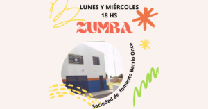 Flyer de clases de Zumba los lunes y miércoles a las 18 hs en la Sociedad de Fomento Barrio Once