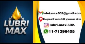 Tarjeta de LubriMax con gota de aceite, email, dirección en Diagonal 2 entre 502 y Buenos Aires, Instagram y WhatsApp