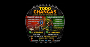 Flyer de Todo Changas: albañilería y espacios verdes, con listado de trabajos, fotos de los operarios y teléfonos de Diego Ávila y Facundo Benítez